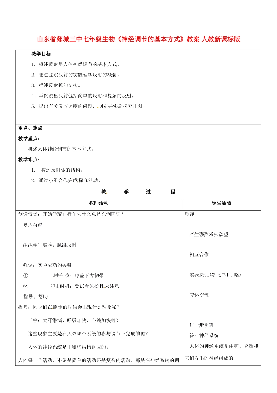山东省郯城三中七年级生物《神经调节的基本方式》教案 人教新课标版_第1页