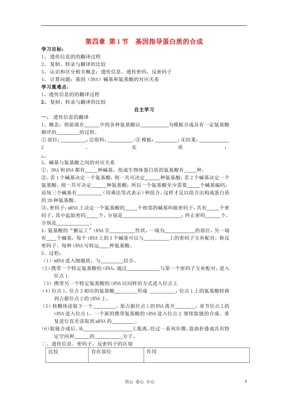 睢县回族高级中学高中生物《遗传与变异》13第四章第1节基因指导蛋白质的合成导学案 必修2_第1页
