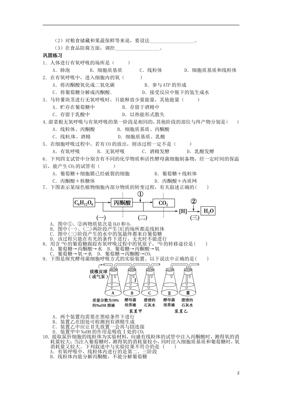 山东省德州市高中生物《5.3 ATP的主要来源》学案 新人教版必修1_第2页
