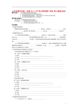山东省德州市高中生物《5.3 ATP的主要来源》学案 新人教版必修1