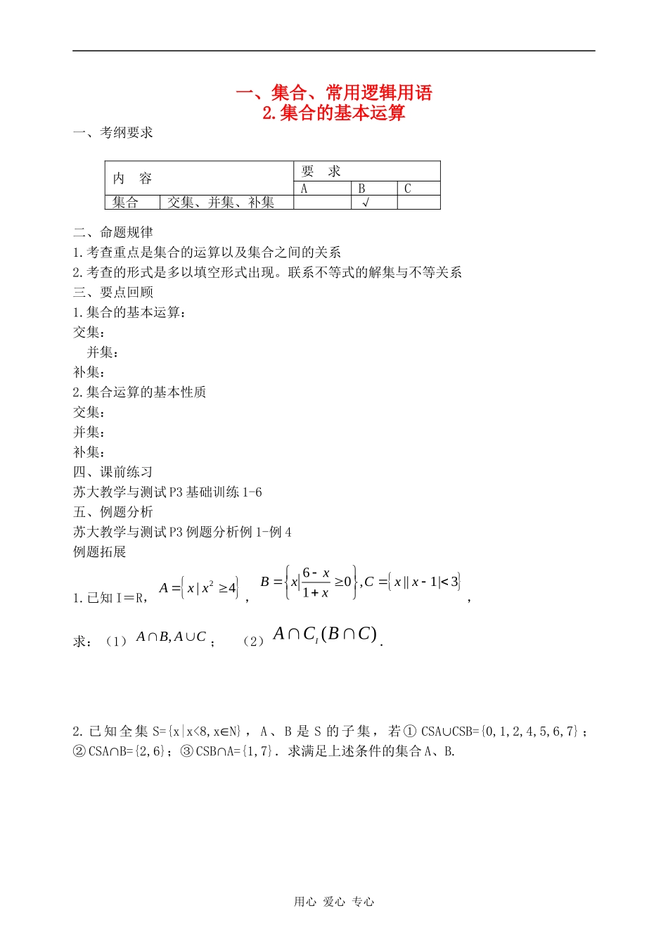 江苏省兴化市楚水实验学校10届高三数学复习讲义2集合的基本运算_第1页