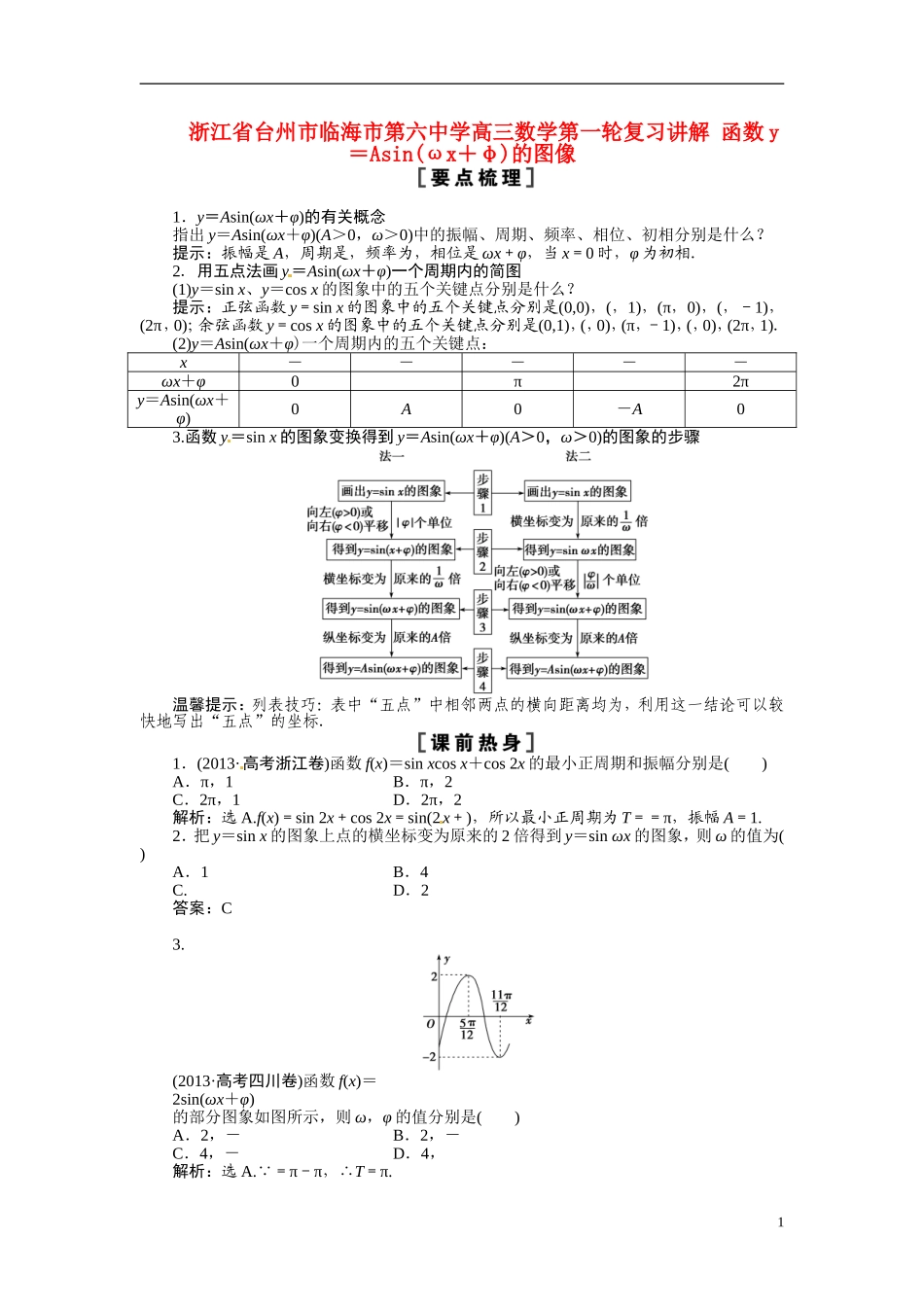浙江省台州市临海市第六中学高三数学第一轮复习讲解 函数y＝Asin(ωx＋φ)的图像_第1页