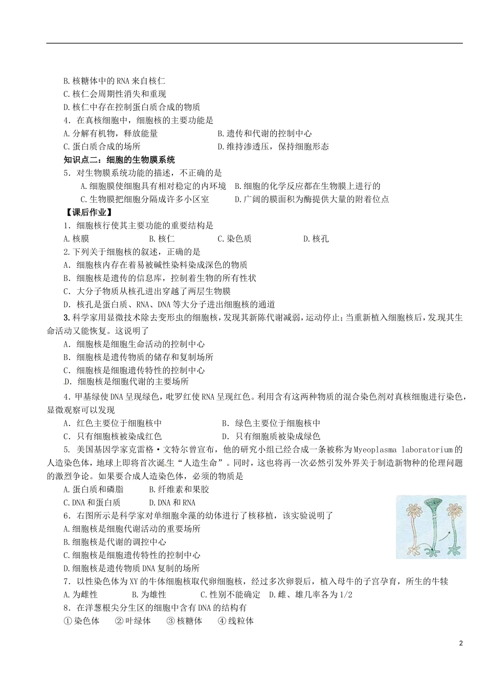 陕西省澄城县寺前中学高一生物《3．2细胞的类型和结构》学案第3课时 苏教版_第2页