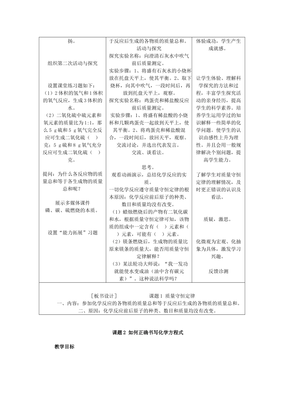 九年级化学 第5章 质量守恒定律教案 人教新课标版_第2页