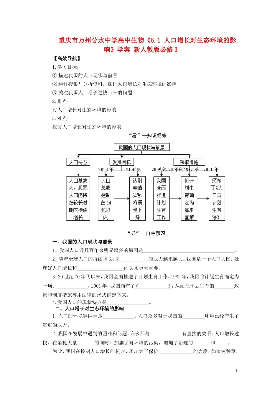 重庆市万州分水中学高中生物《6.1 人口增长对生态环境的影响》学案 新人教版必修3_第1页