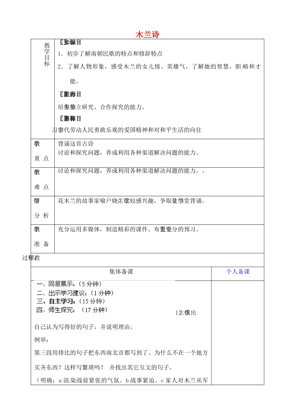山东省淄博市临淄区第八中学六年级语文下册 18 木兰诗（第2课时）教学设计 鲁教版五四制_第1页