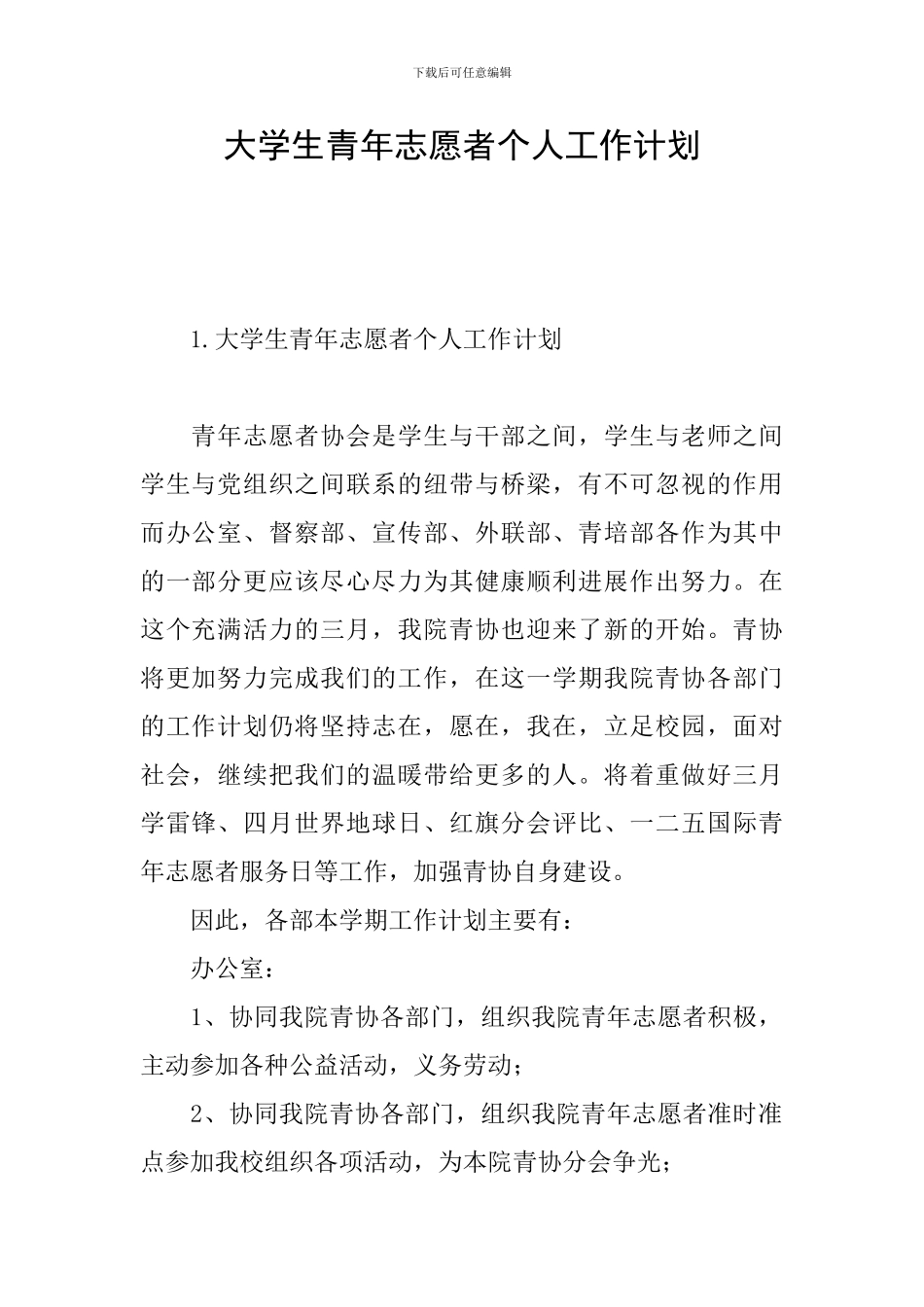 大学生青年志愿者个人工作计划_第1页