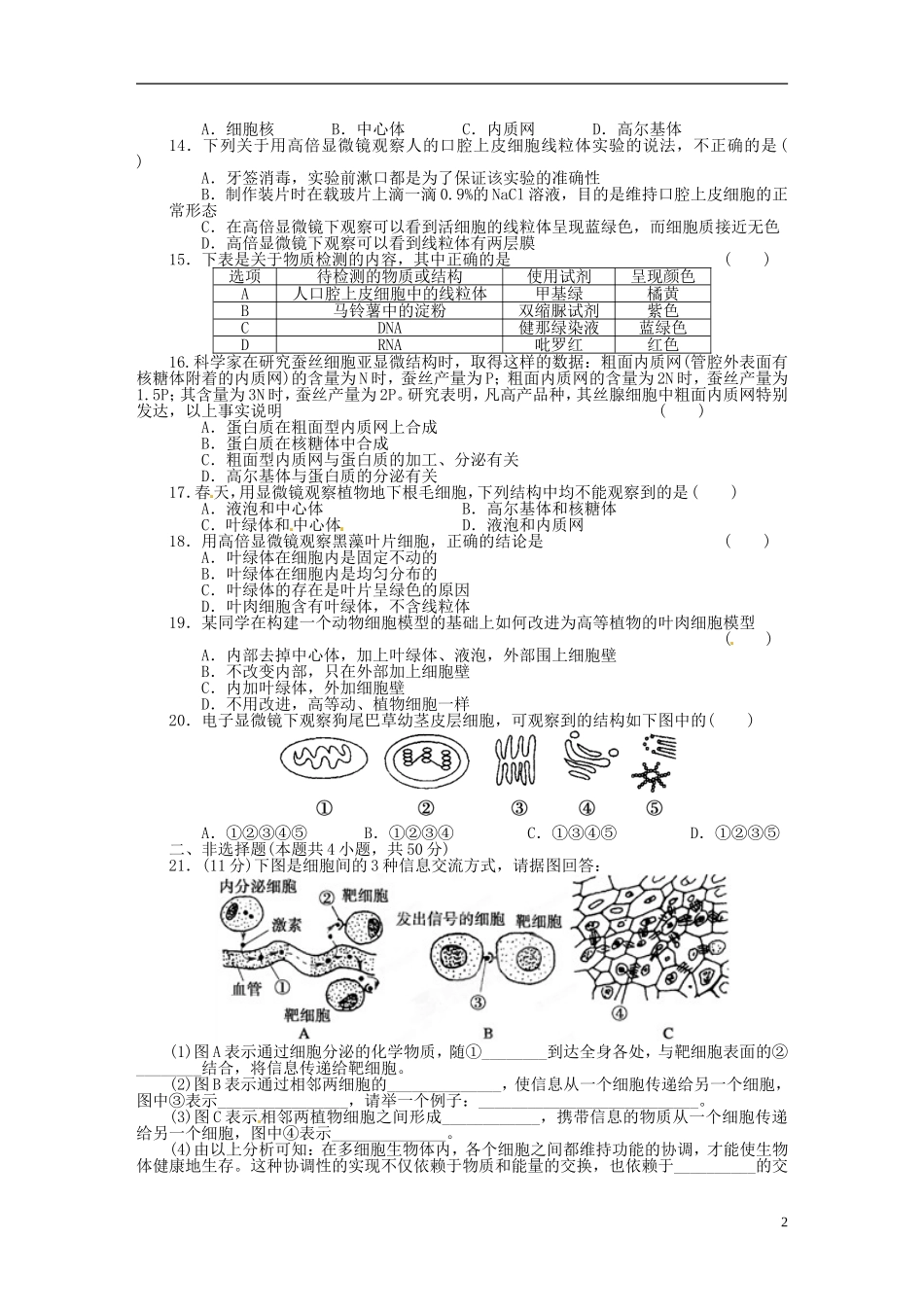 山东省平邑县曾子学校高中生物 第3章 细胞的基本结构章末检测学案 新人教版必修1 _第2页