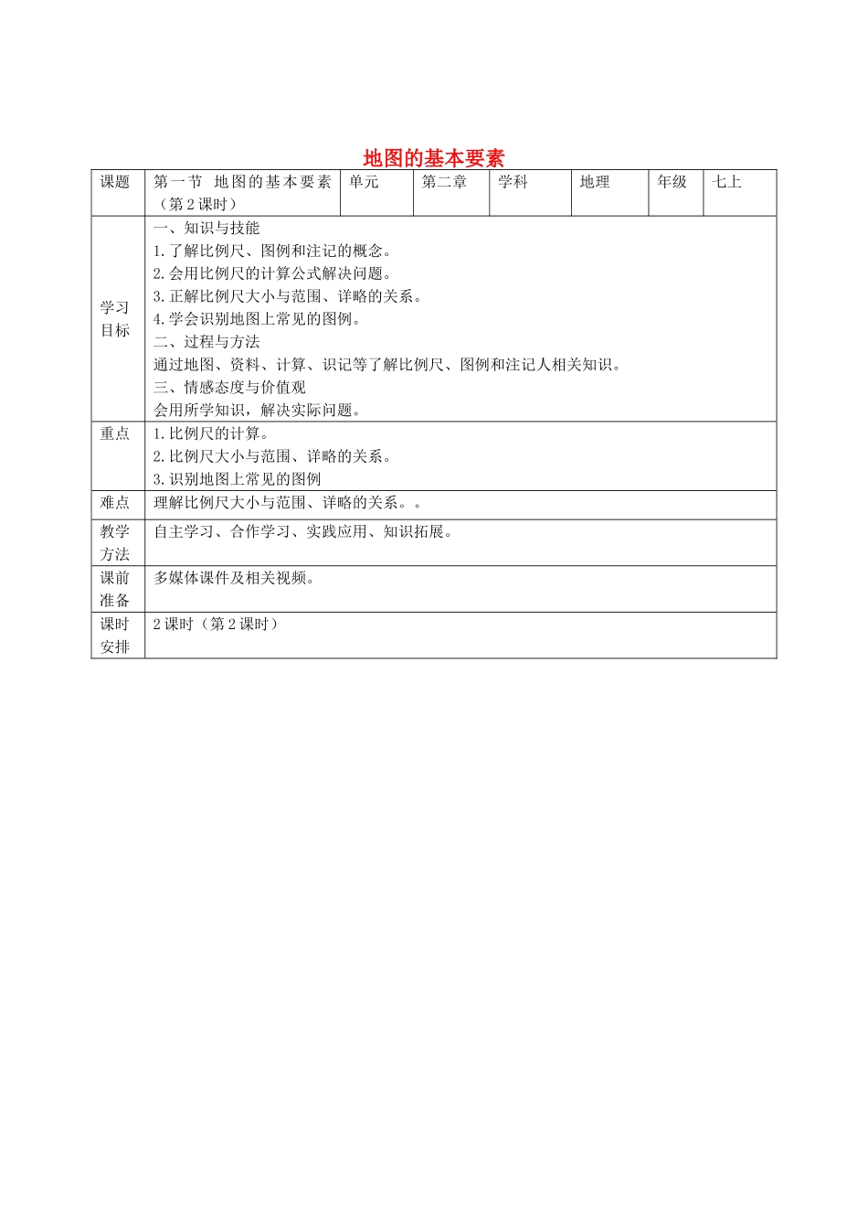 七年级地理上册 第2章 第1节地图的基本要素（第2课时）教学设计 （新版）商务星球版-（新版）商务星球版初中七年级上册地理教案_第1页