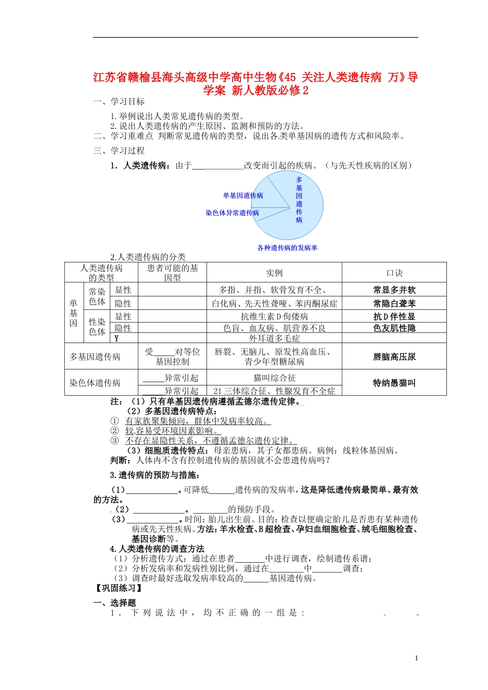 江苏省赣榆县海头高级中学高中生物《45 关注人类遗传病 万》导学案 新人教版必修2_第1页