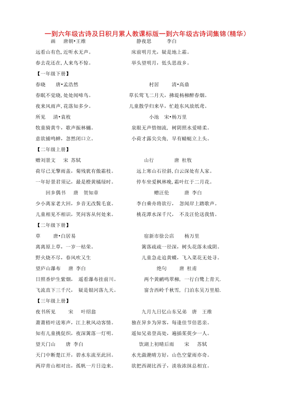 六年级语文下册 一到六年级古诗及日积月累教案 人教版_第1页