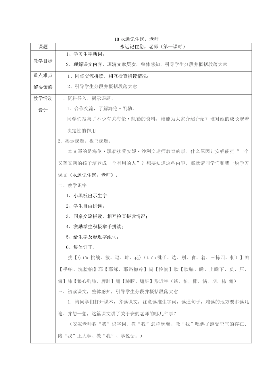 六年级语文上册 第五单元 第18课《永远记住您，老师》教案 西师大版-西师大版小学六年级上册语文教案_第1页