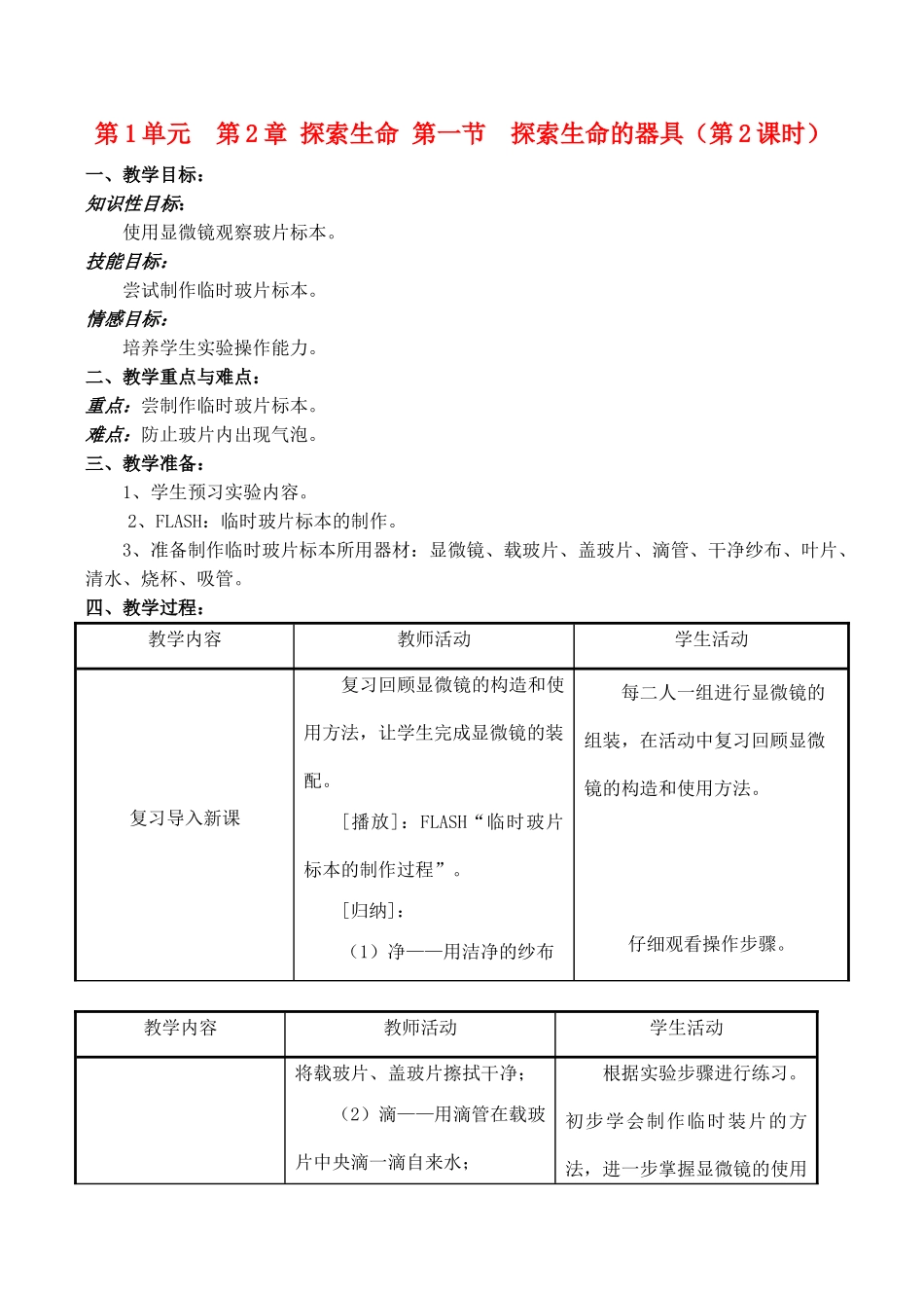 七年级生物上 第2章 探索生命 第一节  探索生命的器具（第2课时）教案苏教版_第1页
