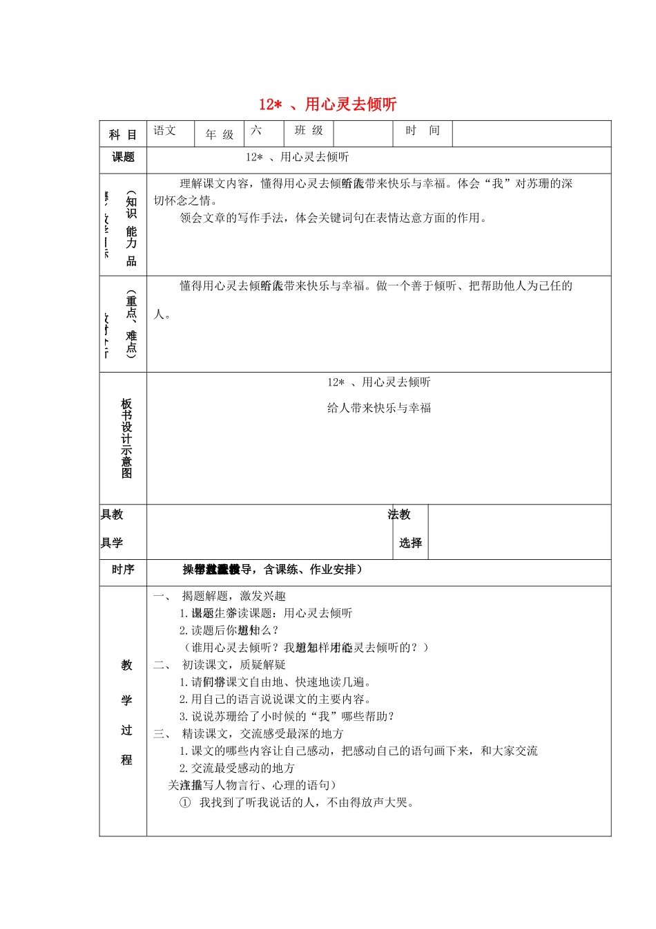 学年六年级语文上册 第三组 12 用心灵去倾听教案2 新人教版-新人教版小学六年级上册语文教案_第1页