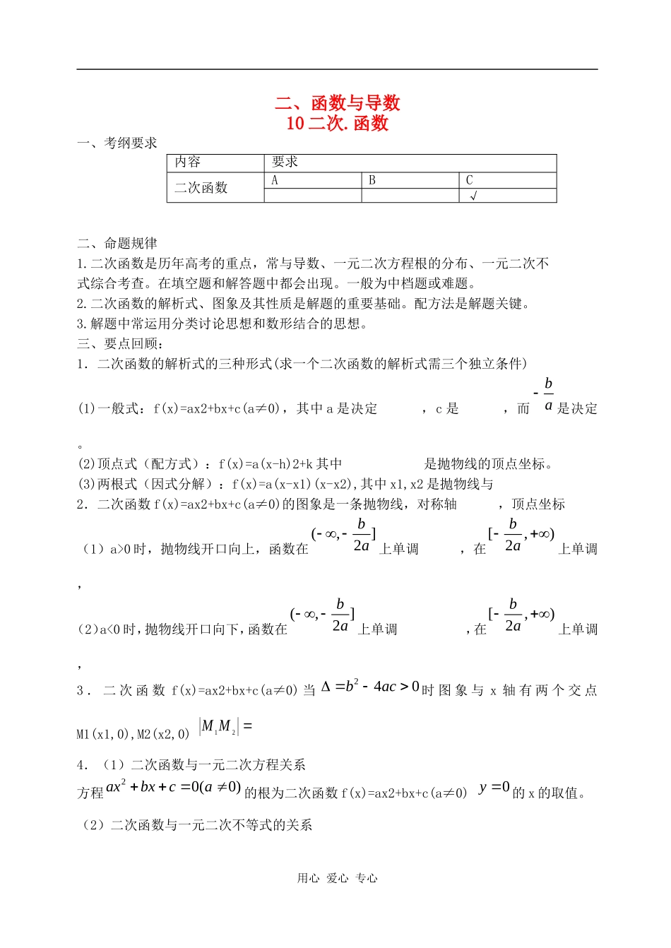 江苏省兴化市楚水实验学校10届高三数学复习讲义10二次函数_第1页