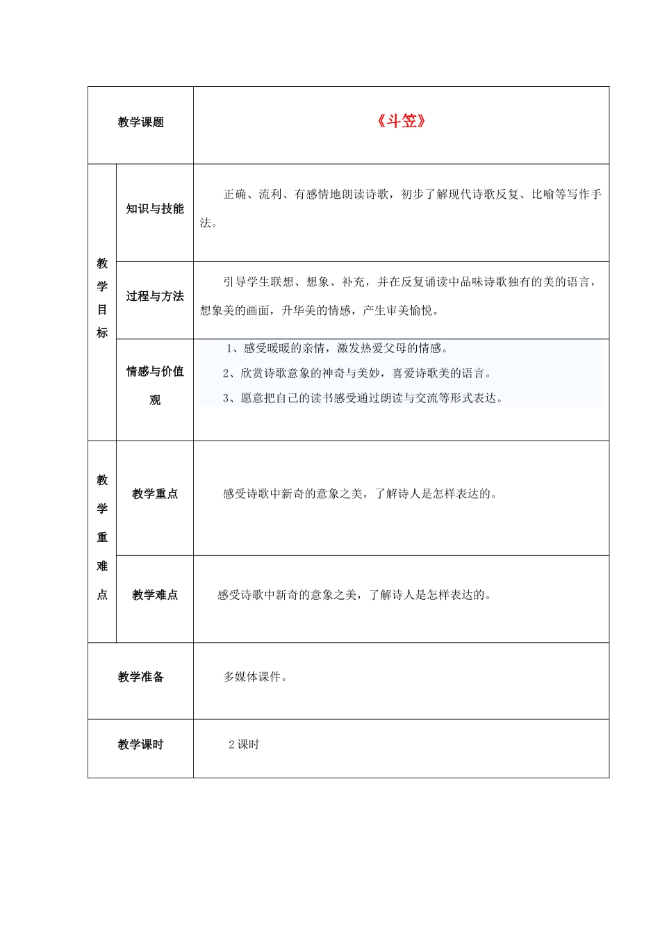 五年级语文上册《斗笠》教案2 语文A版-语文A版小学五年级上册语文教案_第1页