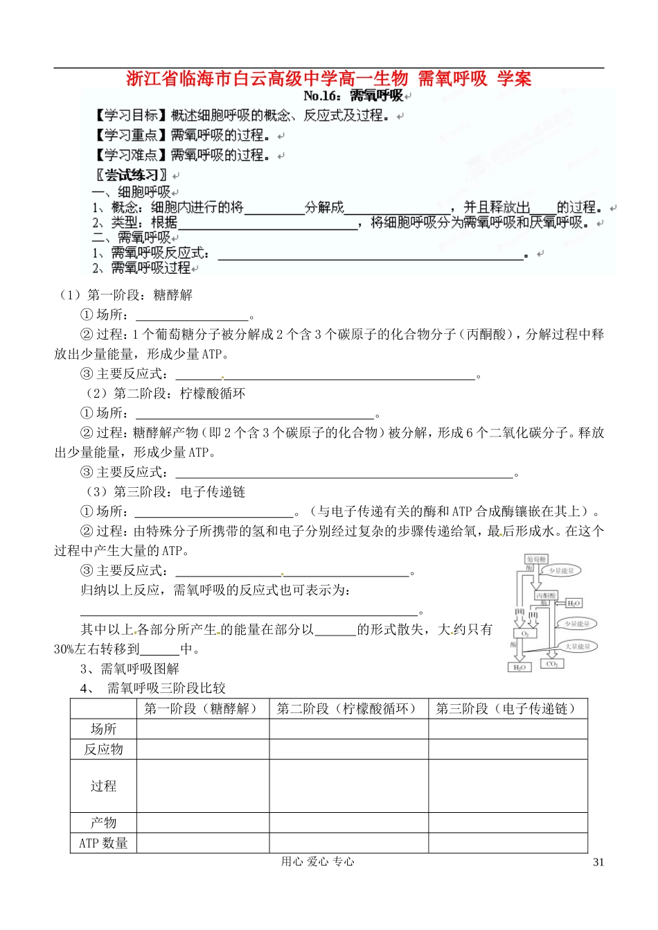 浙江省临海市白云高级中学高一生物 需氧呼吸 学案_第1页