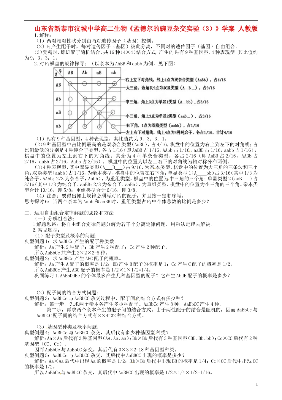 山东省新泰市汶城中学高二生物《孟德尔的豌豆杂交实验（3）》学案 人教版_第1页
