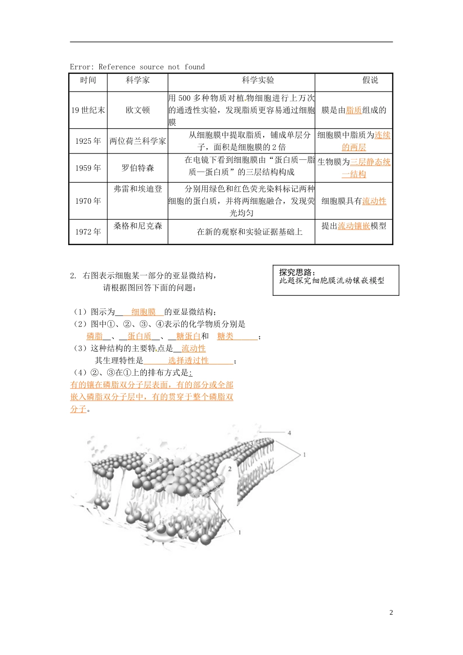 云南省宜良县第一中学高中生物 第四章第二节 生物膜的流动镶嵌模型导学案 新人教版必修1_第2页