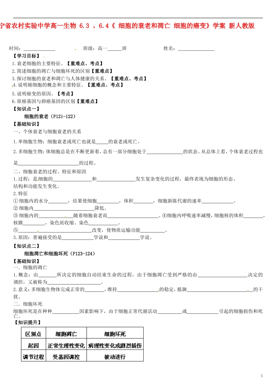 辽宁省农村实验中学高一生物 6.3 、6.4《 细胞的衰老和凋亡 细胞的癌变》学案 新人教版_第1页