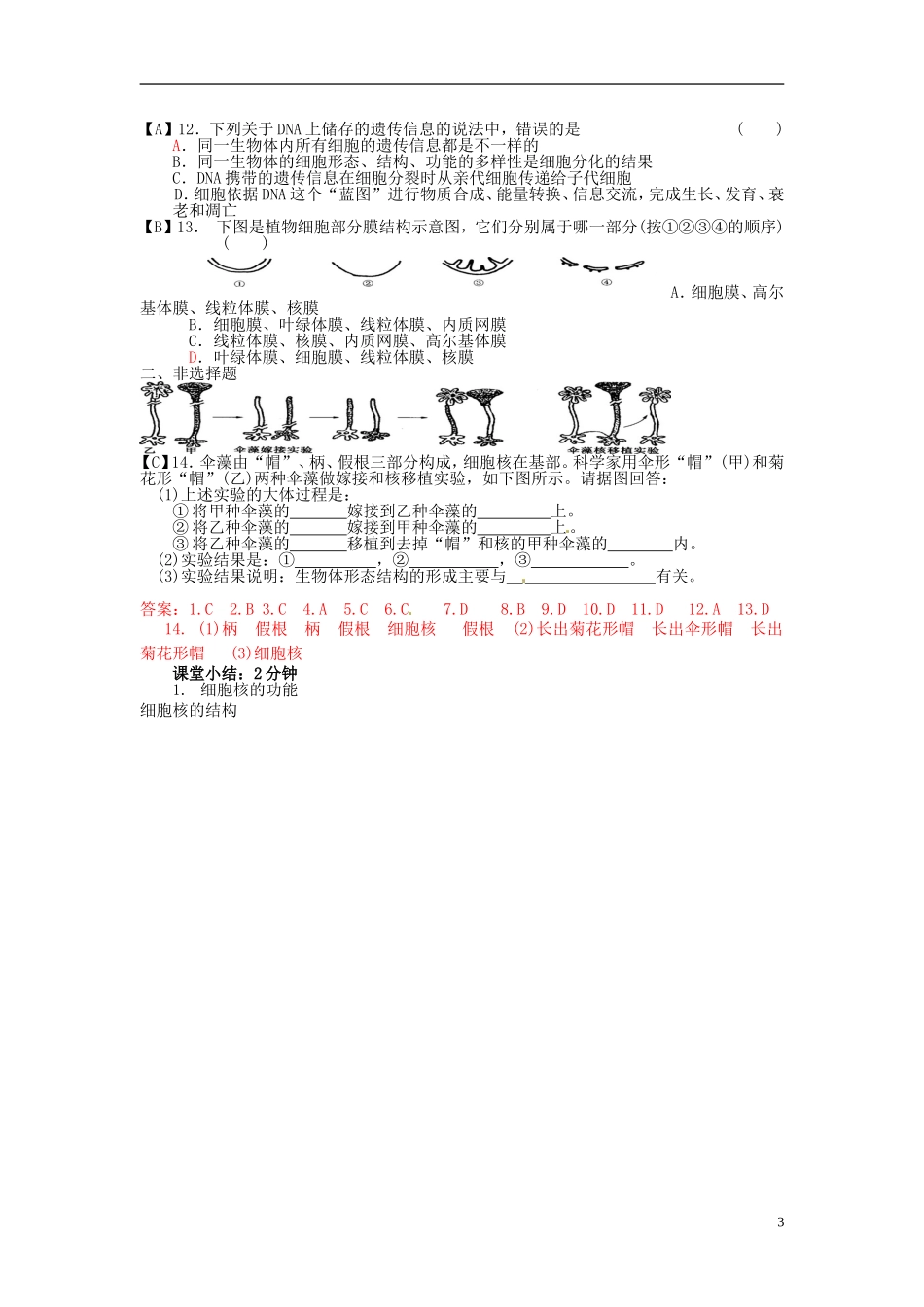 云南省宜良县第一中学高中生物 第三章第三节 细胞核导学案 新人教版必修1_第3页