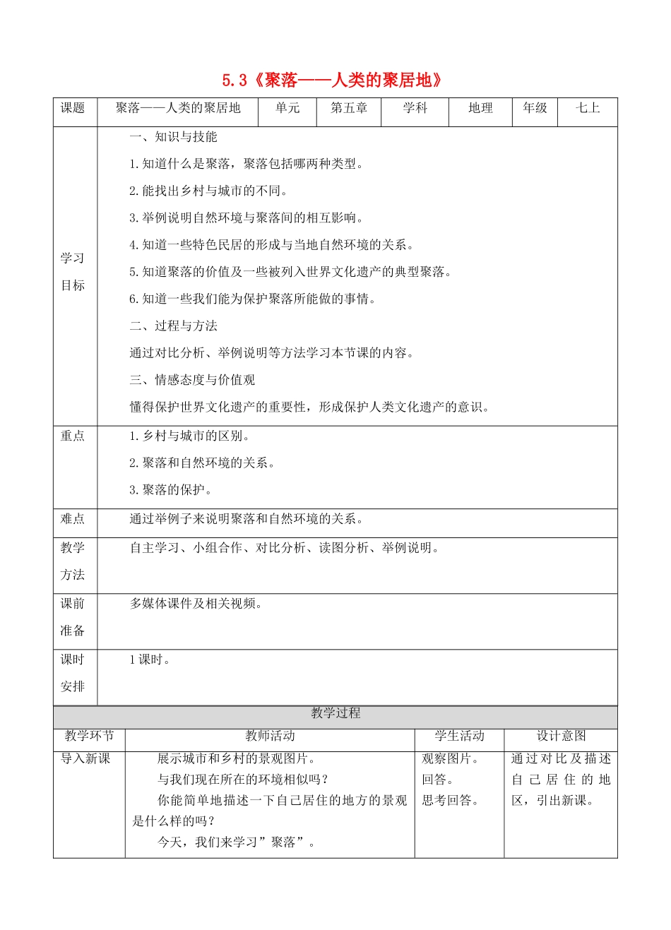 七年级地理上册 5.3聚落——人类的聚居地教案 （新版）商务星球版-（新版）商务星球版初中七年级上册地理教案_第1页