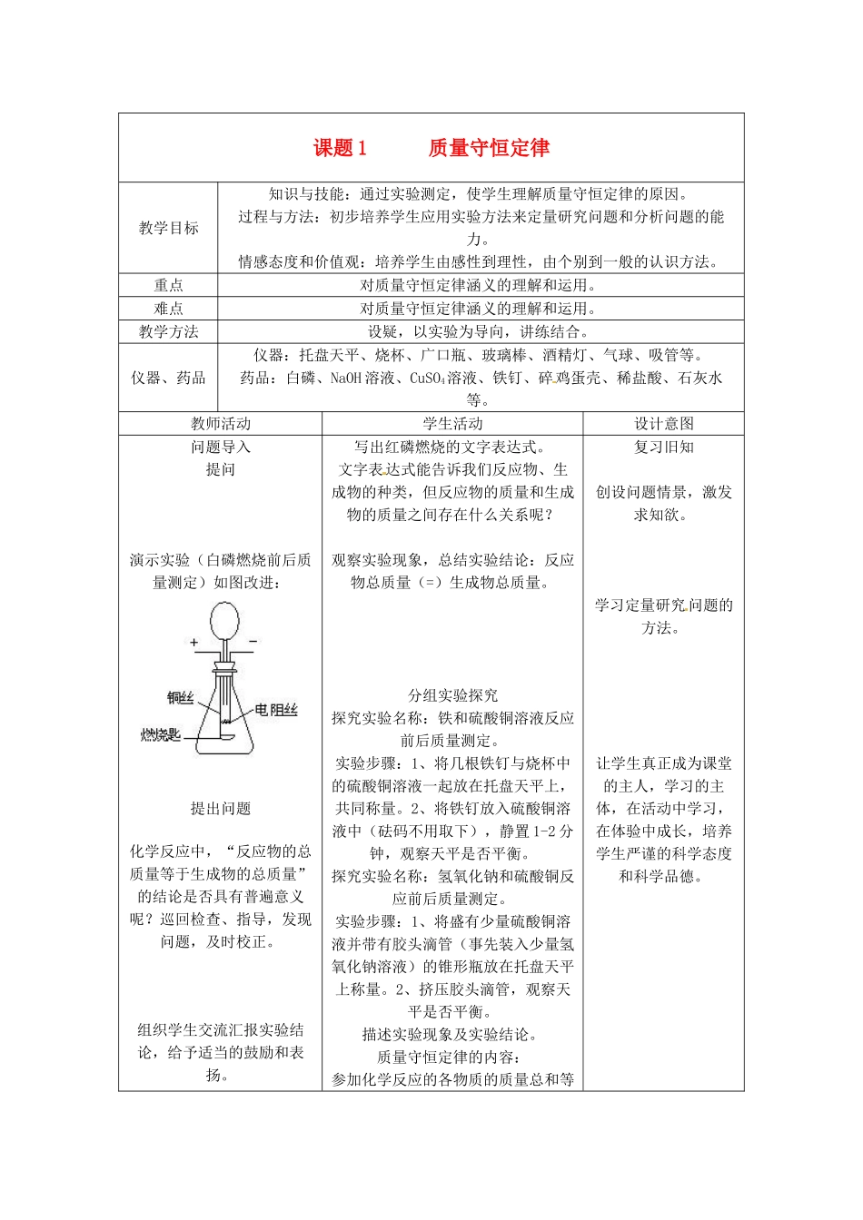 九年级化学上册 6.1 质量守恒定律教案1 人教新课标版_第1页