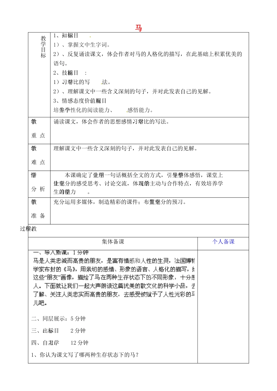 山东省淄博市临淄区第八中学六年级语文下册 28 马教学设计 鲁教版五四制_第1页