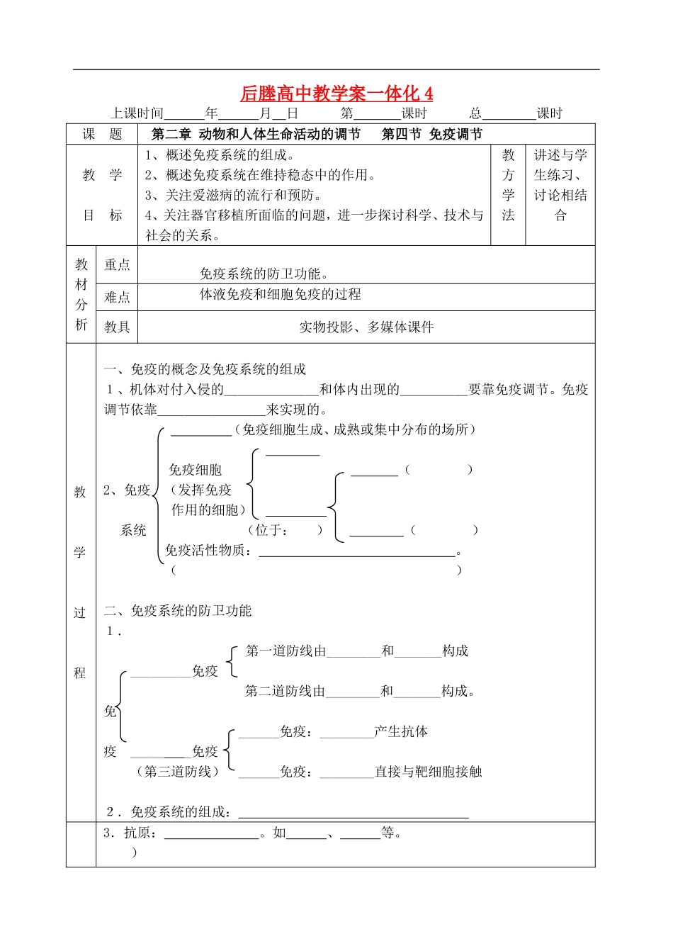 江苏省后塍高中生物教学案一体化4(免疫调节)  人教版_第1页