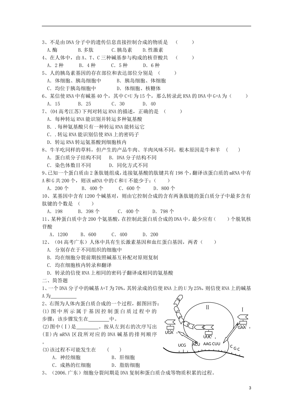 江苏省盐城市射阳二中高一生物 4.1《 基因指导蛋白质的合成》 第二课时教学案_第3页