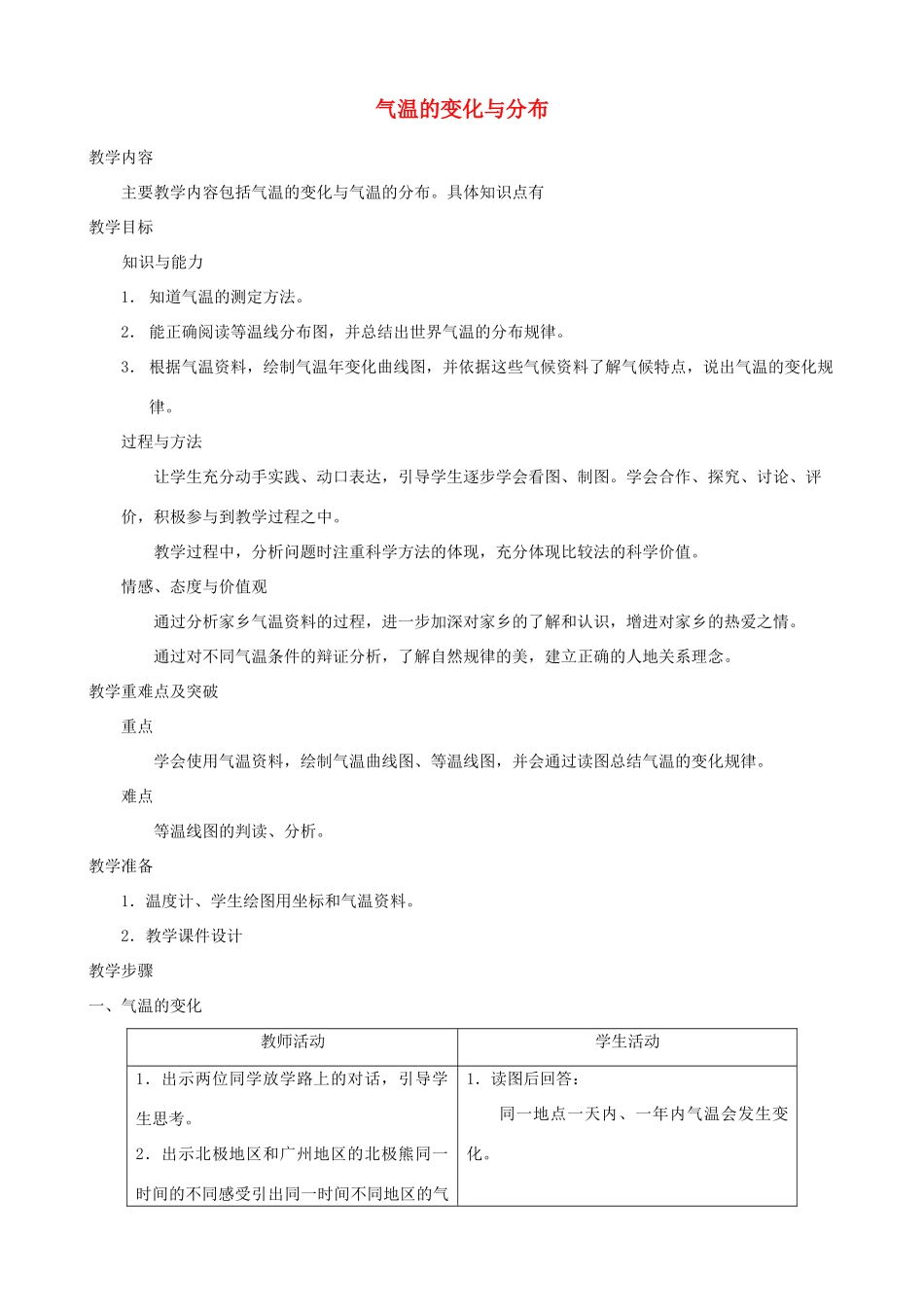 七年级地理上册 第二课 气温的变化与分布教案_第1页