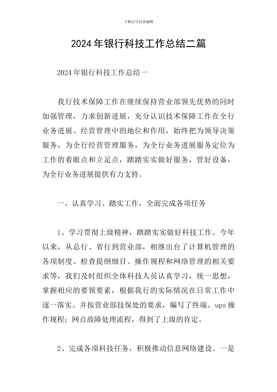 2024年银行科技工作总结二篇_第1页