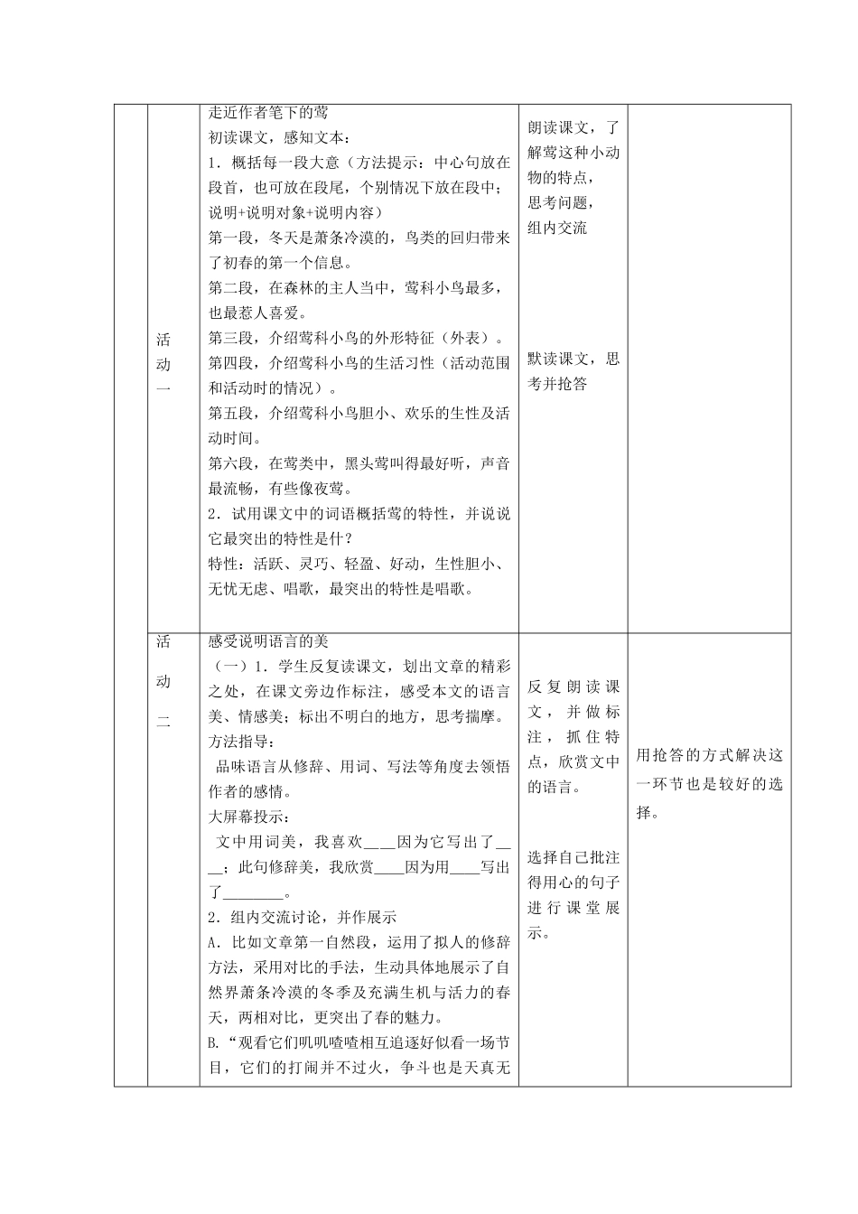 六年级语文上册 第四单元 第19课《莺》教学设计 鲁教版五四制-鲁教版五四制小学六年级上册语文教案_第2页