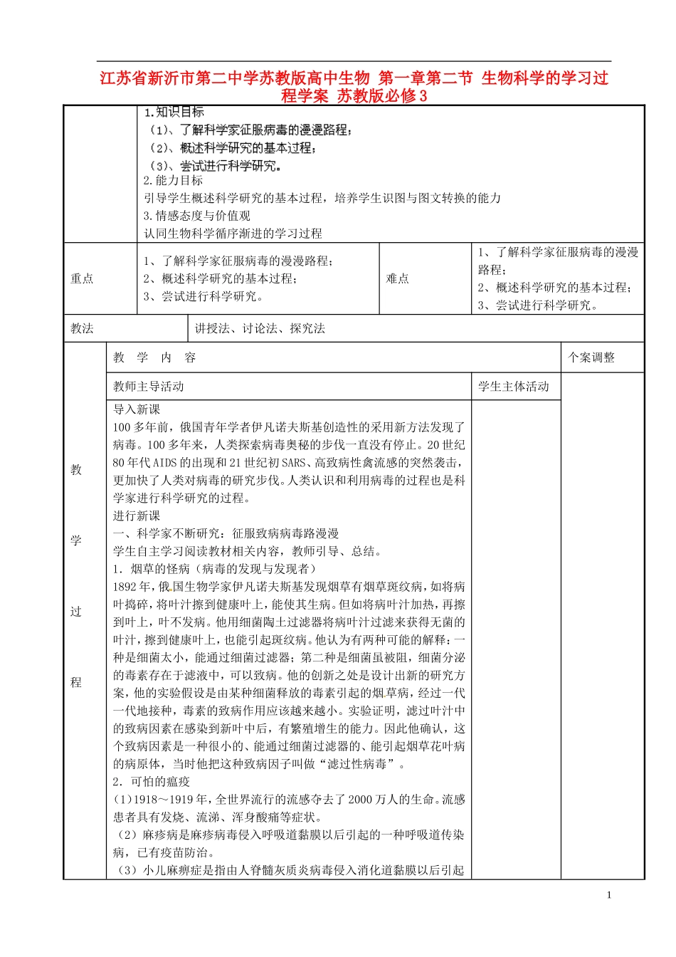 江苏省新沂市第二中学苏教版高中生物 第一章第二节 生物科学的学习过程学案 苏教版必修3_第1页
