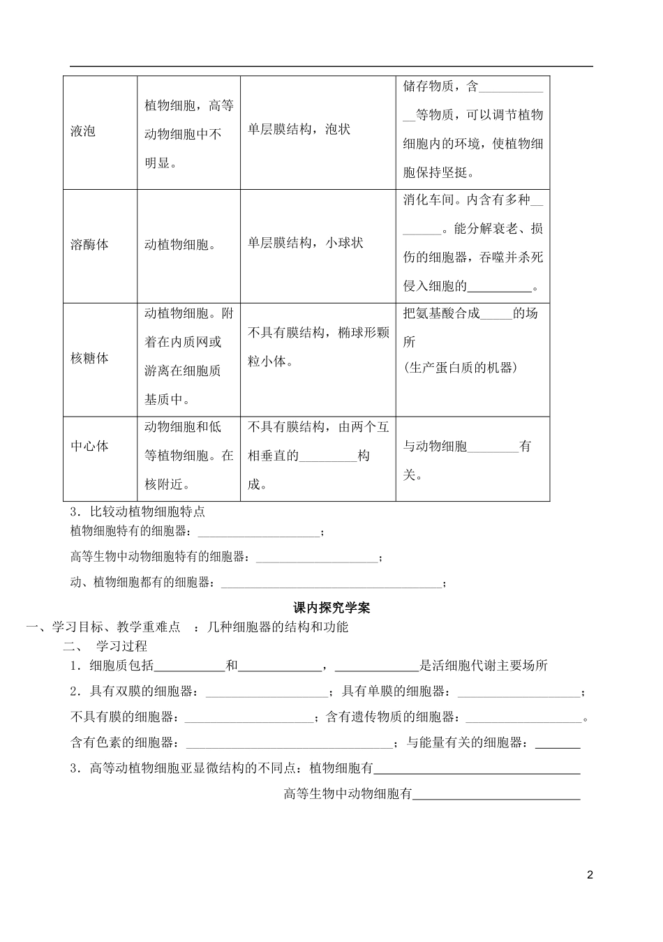 秋高一生物 第3章 第2节 细胞器-系统内分工合作（第1课时）学案-人教版高一全册生物学案_第2页