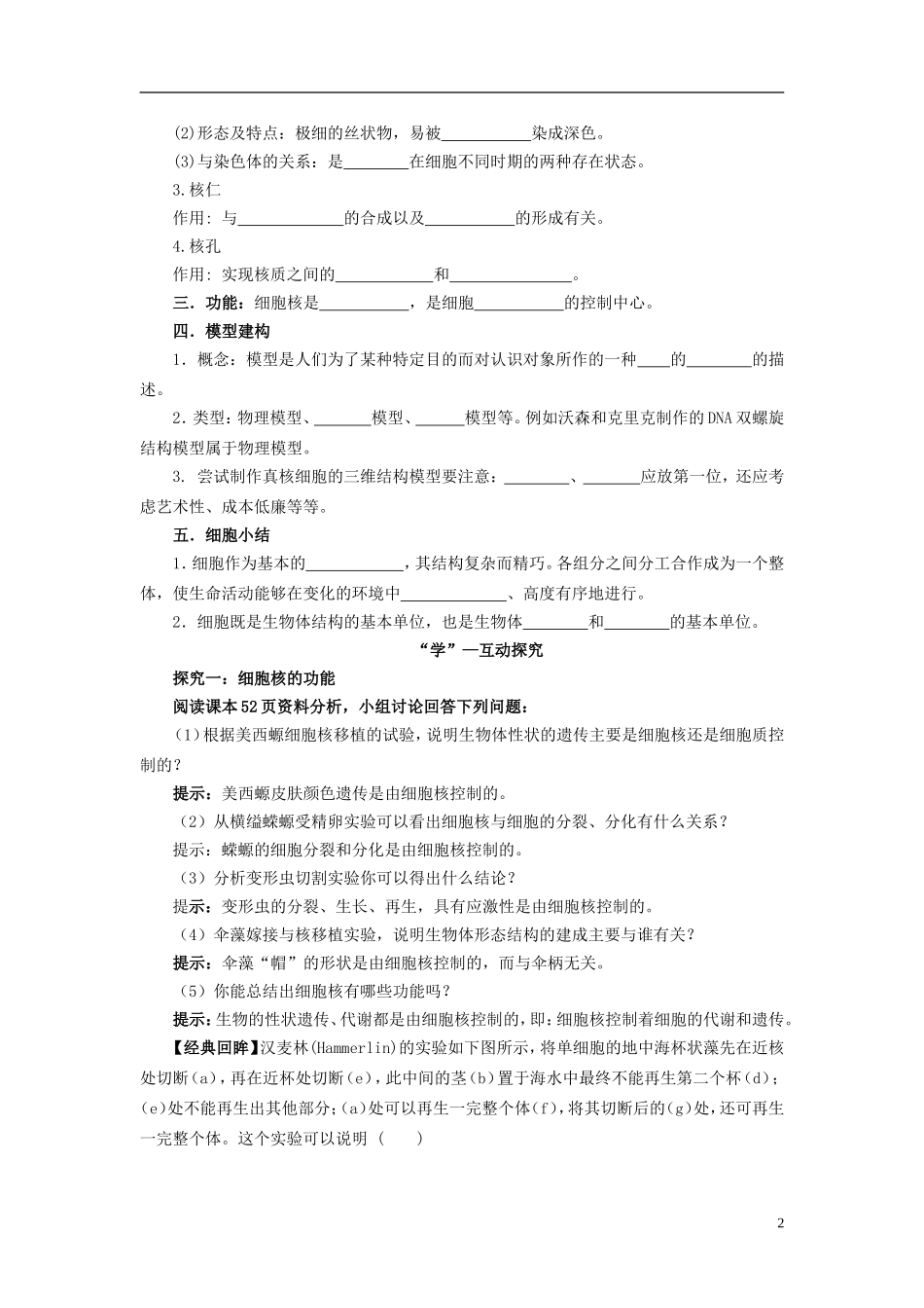 四川省雷波县民族中学高中生物 3.3 细胞核 系统的控制中心学案 新人教版必修1_第2页
