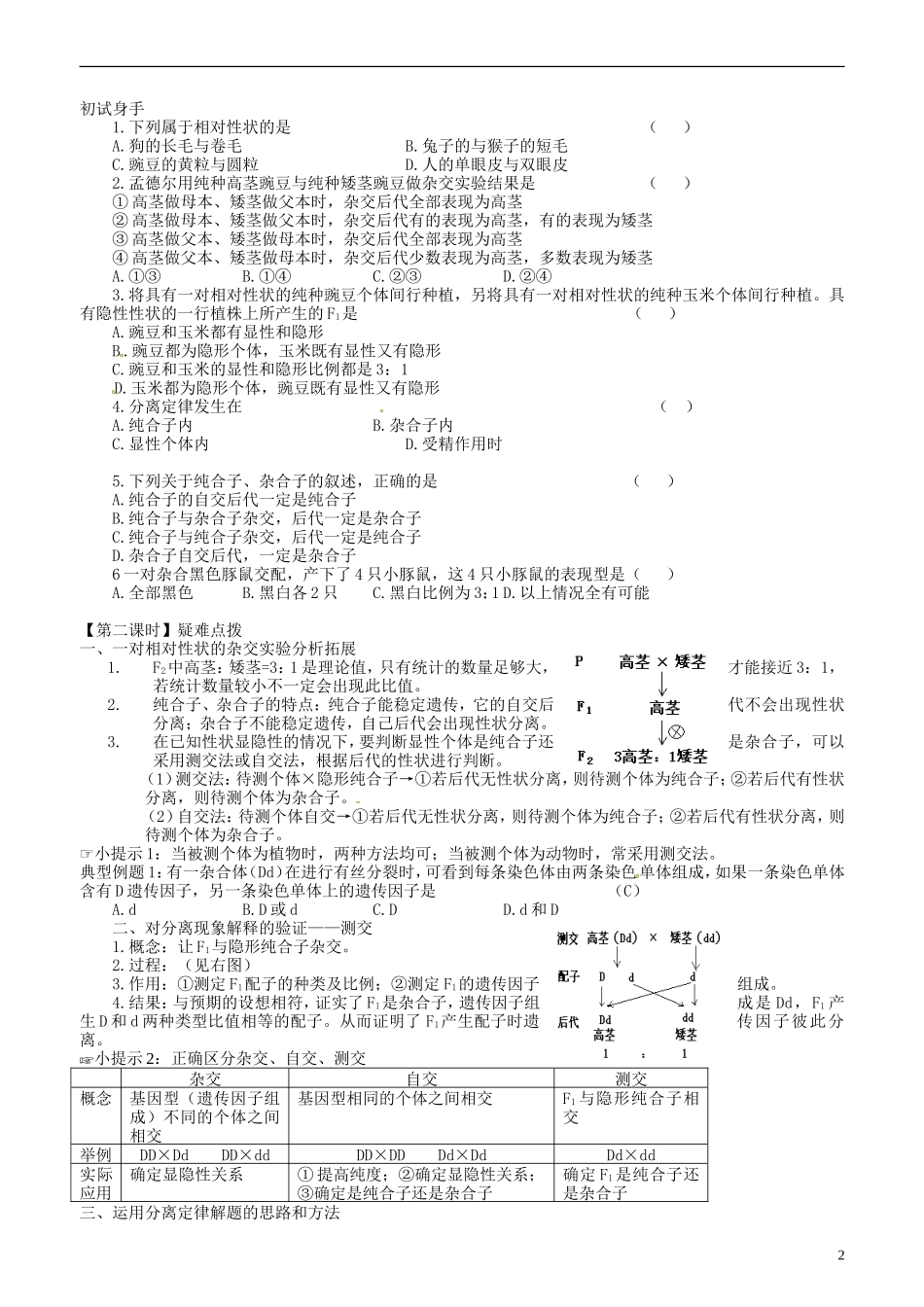 山东省新泰市汶城中学高二生物《孟德尔的豌豆杂交实验（1）》学案 人教版_第2页