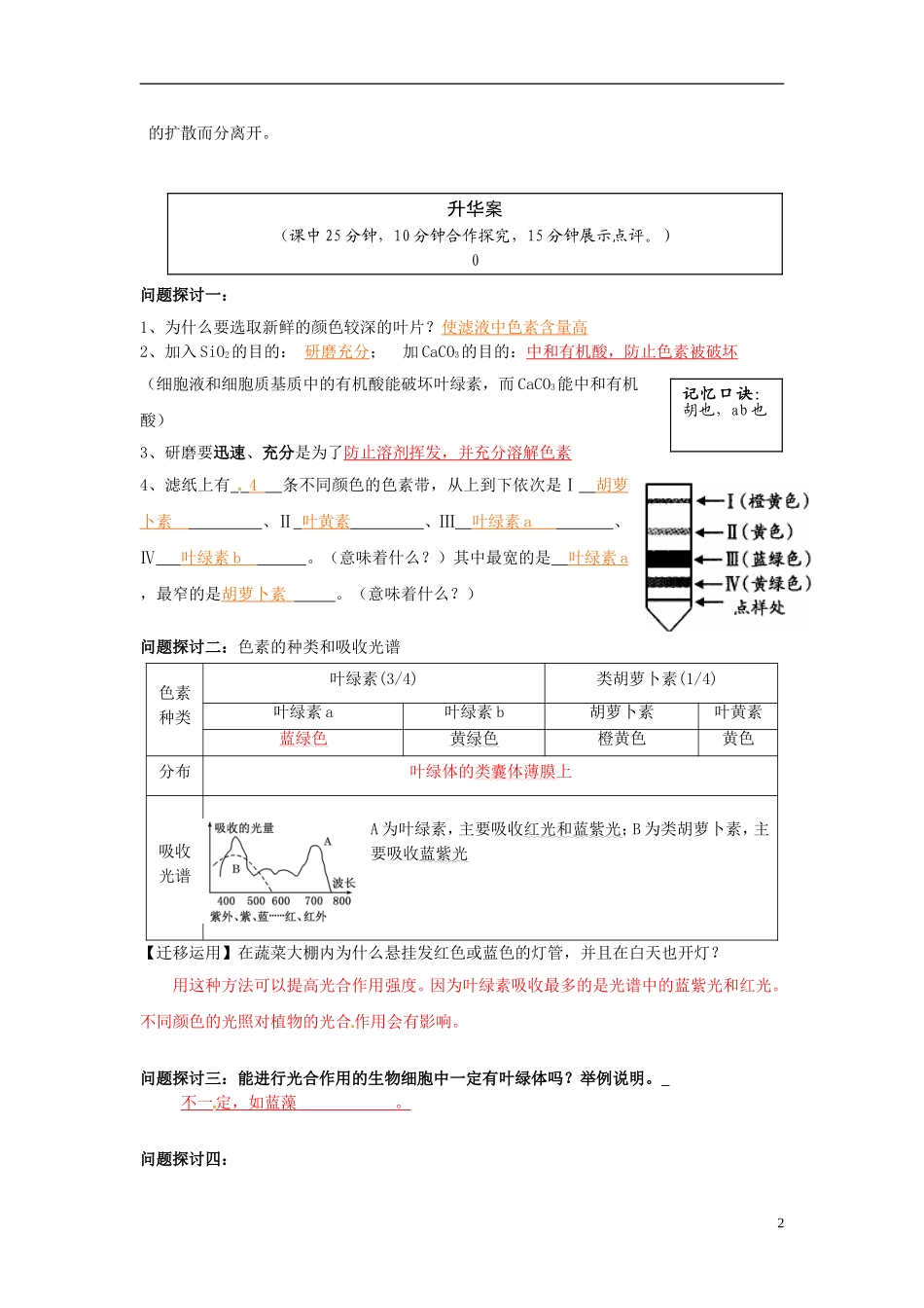 云南省宜良县第一中学高中生物 第五章第四节 捕获光能的色和结构导学案 新人教版必修1_第2页