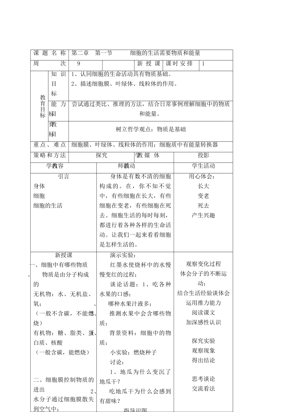七年级生物上细胞的生活需要物质和能量教案新人教版_第2页