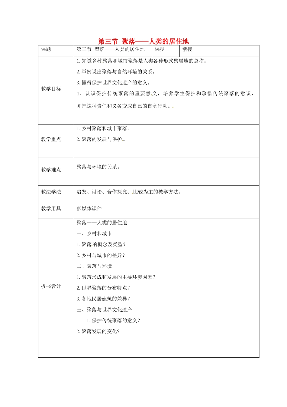 七年级地理上册 第五章 第三节 聚落——人类的居住地教案 （新版）商务星球版-（新版）商务星球版初中七年级上册地理教案_第1页