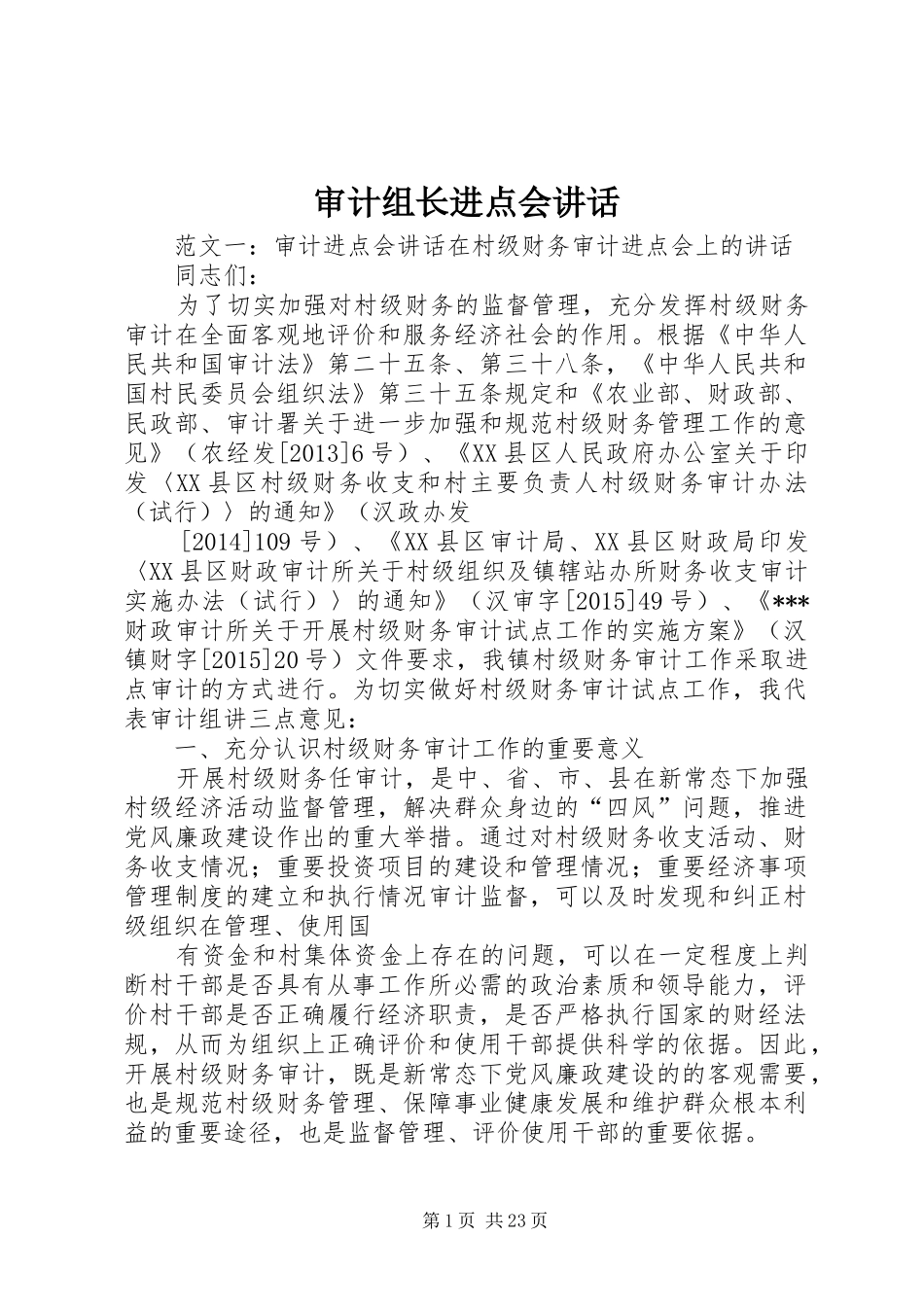 审计组长进点会讲话发言_第1页