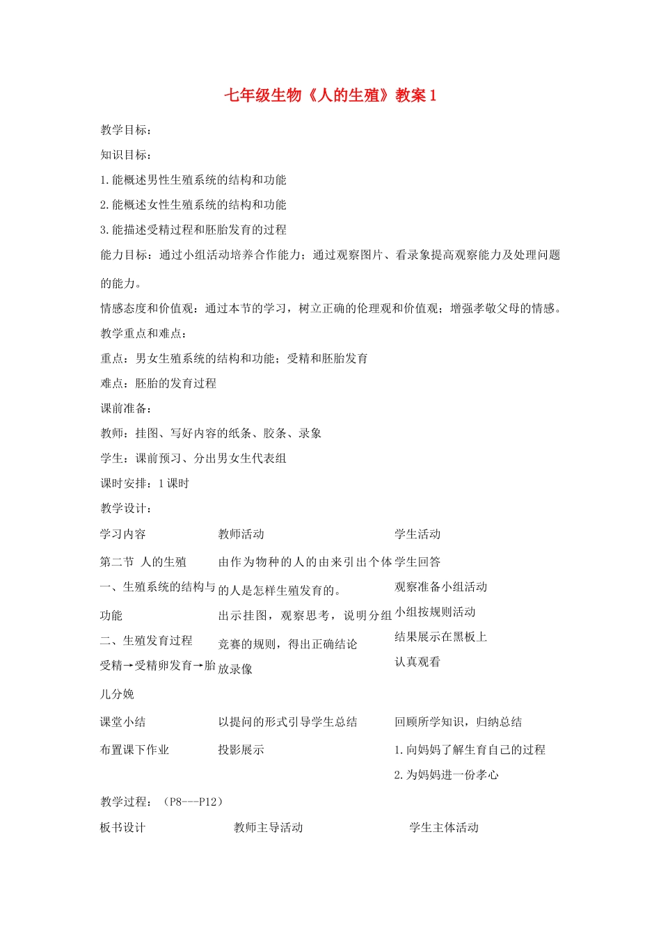 七年级生物《人的生殖》教案1_第1页