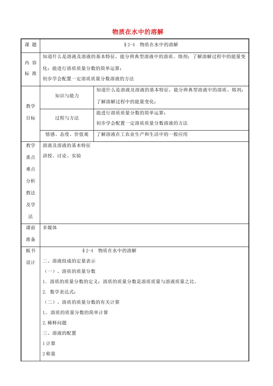 九年级化学 第二单元第四节 物质在水中的溶解第二课时教案 鲁教版_第1页