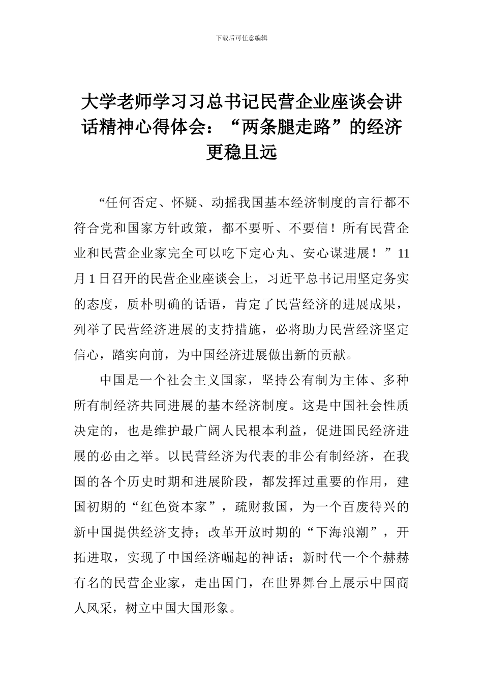 大学教师学习习总书记民营企业座谈会讲话精神心得体会：“两条腿走路”的经济更稳且远_第1页