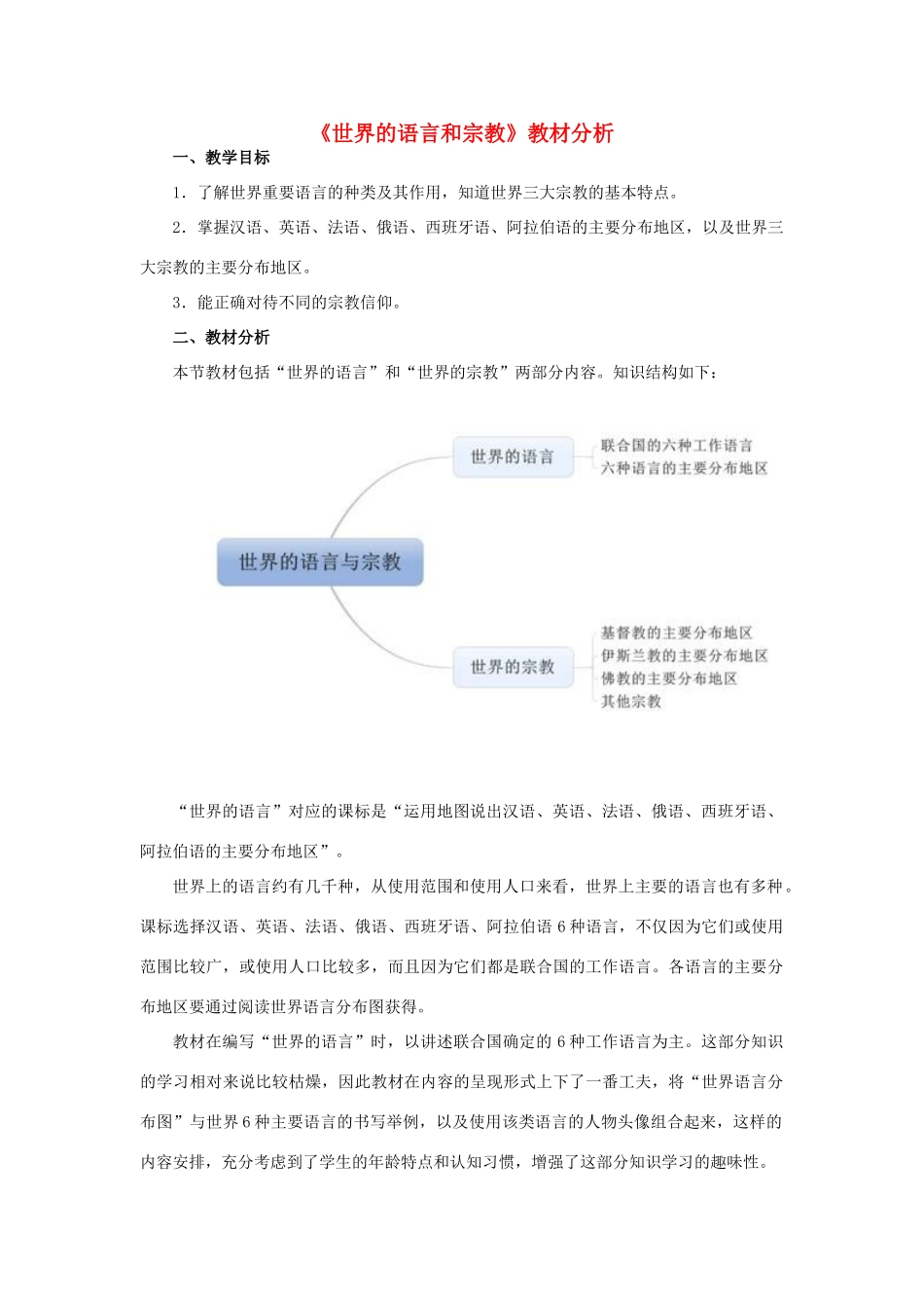 七年级地理上册 3.3《世界的语言和宗教》教材分析 湘教版-湘教版初中七年级上册地理教案_第1页