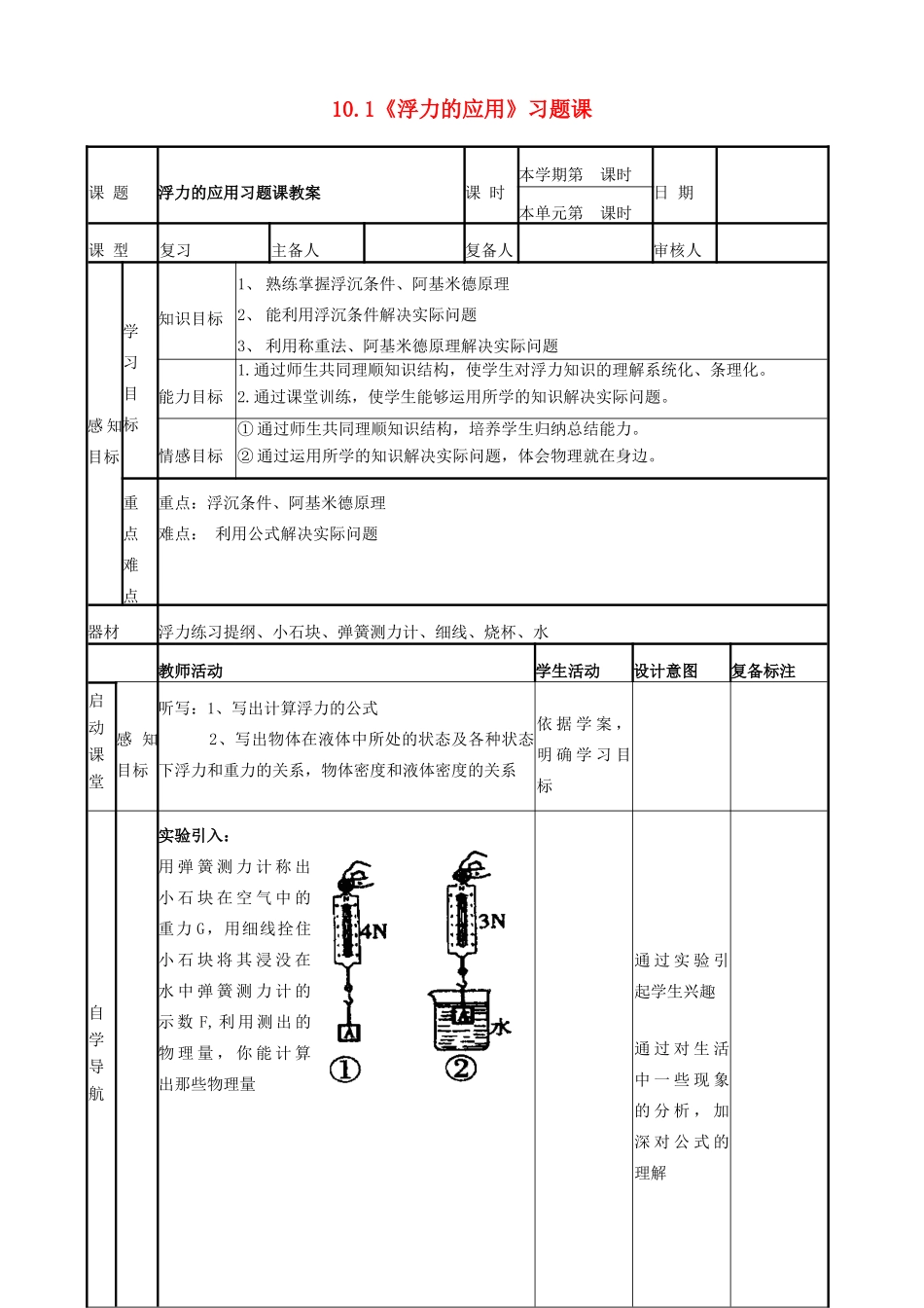 山东省邹平县实验中学2012-2013学年八年级物理下册 10.1《浮力的应用》习题课教案 （新版）新人教版_第1页