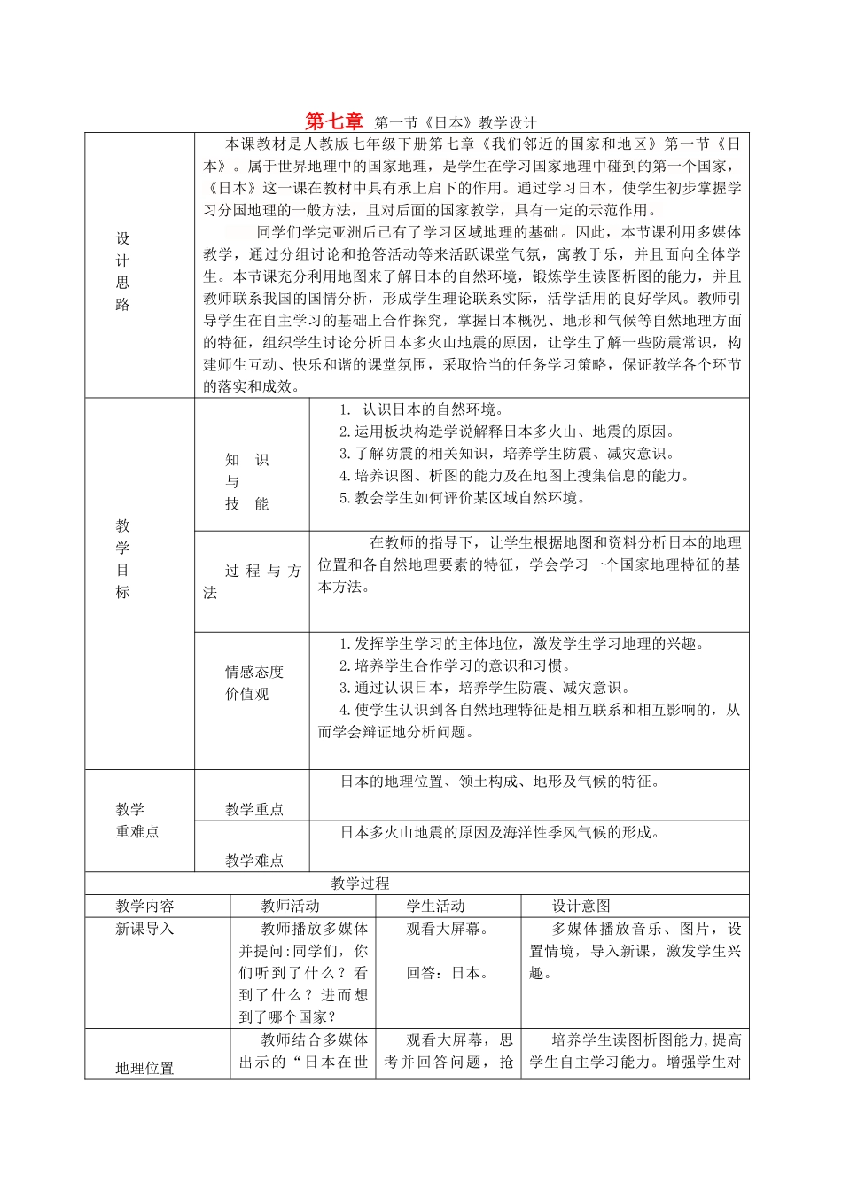 七年级地理下册 第七章 我们邻近的地区和国家 第一节 日本教案 新人教版_第1页