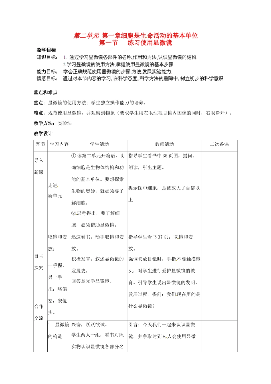 山东省临沭县2012年秋七年级生物《练习使用显微镜》教案 新人教版_第1页