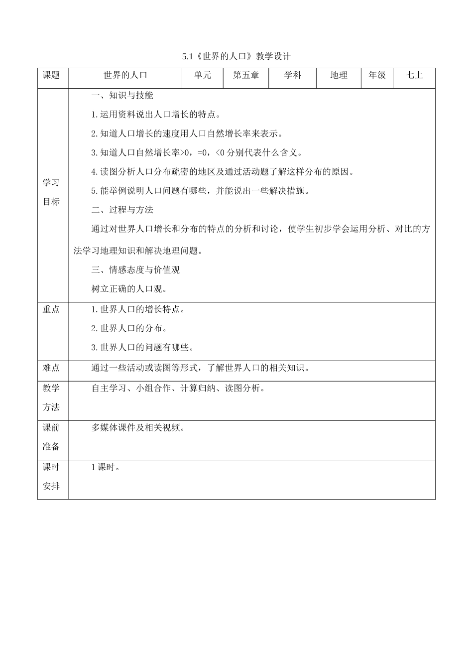 七年级地理上册 5.1世界的人口教案 （新版）商务星球版-（新版）商务星球版初中七年级上册地理教案_第1页