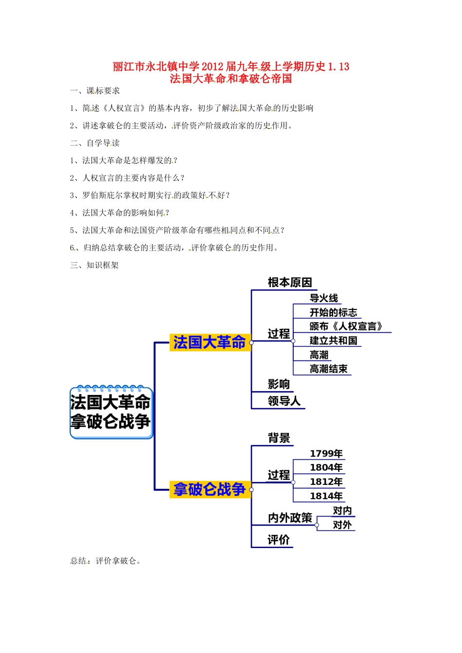 云南省丽江市永北镇中学2012届九年级历史上册 1.13法国大革命和拿破仑帝国教案 人教新课标版_第1页